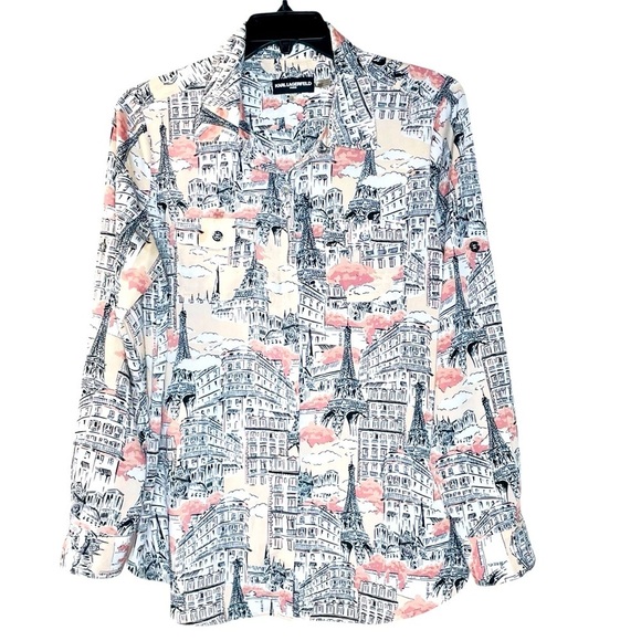 Karl Lagerfield Whimsical Print Collar Pocket Roll-Tab Shirt Dune Pink - L - Picture 2 of 12